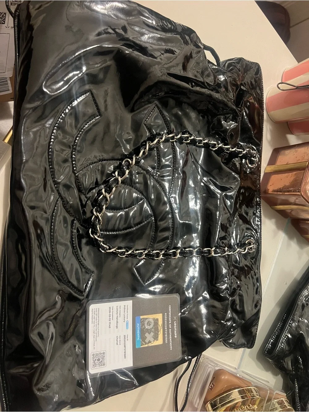 CHANEL Black Patent Quilted Tote with Chain-Detail Handles